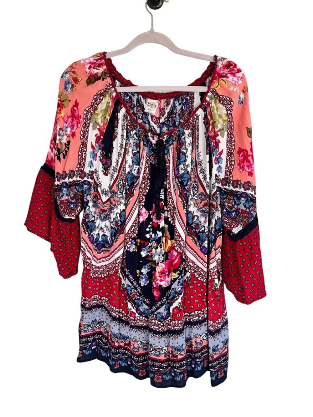 Colorful Floral Tunic Top Red 2X Boho Indie Festival Folk Peasant Hippie Lace‎